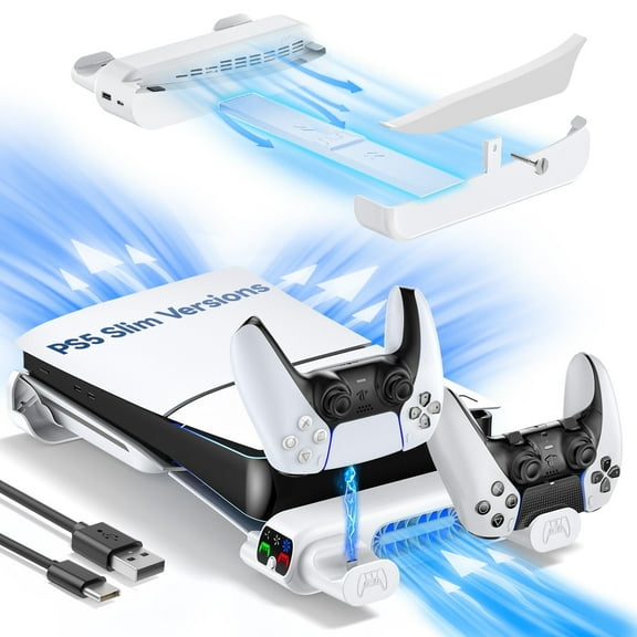 PS5 Slim Horizontal Cooling Stand, Dual PS5 Controller Charger with 3-Level Cooling Fan (NOT Fit 2020 Playstation 5)