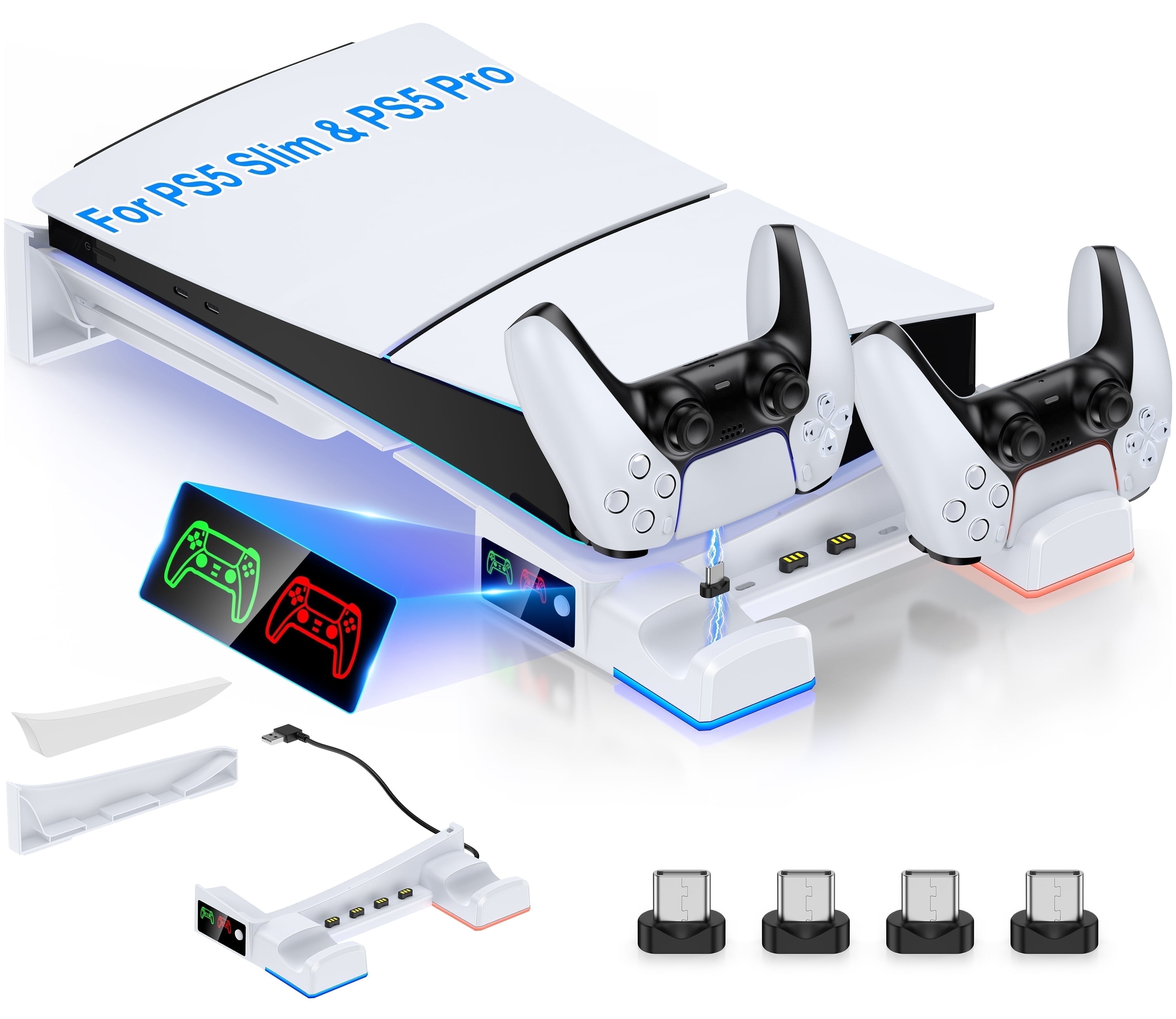 PS5 Slim Horizontal Stand Station with Controller Charger for Playstation 5 Pro/PS5 Slim Digital & Disc Console with Fast Charging