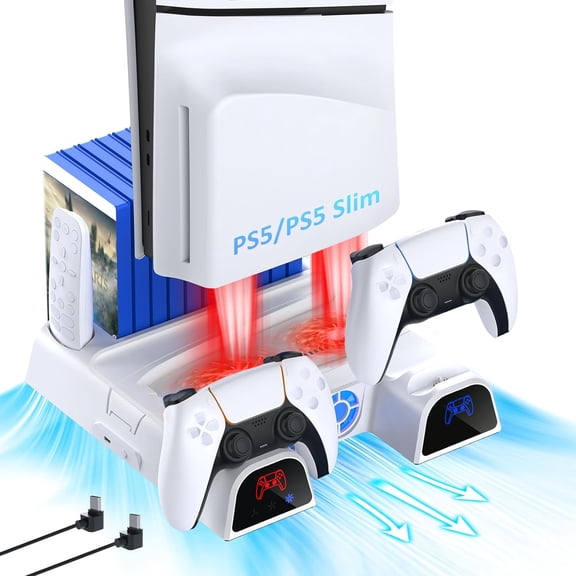 PS5/Slim/Pro 3-in-1 Cooling Stand, Quiet Fan + Dual Fast Charger + 10-Slot Game Storage, LED Indicator