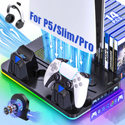 PS5/Slim/Pro Cooling Stand for Disc&Digital with Dual Controller Charging, Multi-Function P5 Accessories 3-Level Cooling Fan, 9 Lighting Modes with Games Storage Slot, Black