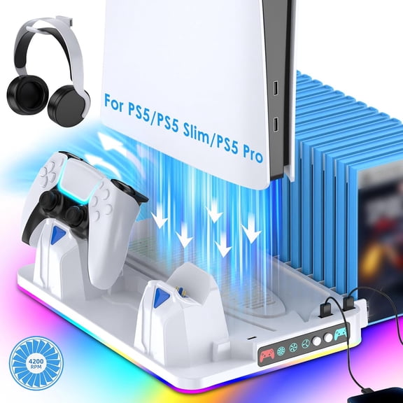 PS5/Slim/Pro Cooling Stand for Disc&Digital with Dual Controller Charging, Multi-Function P5 Accessories 3-Level Cooling Fan, 9 Lighting Modes with Games Storage Slot,White