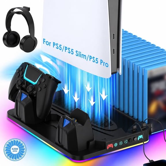 PS5/Slim/Pro Cooling Stand for Disc&Digital with Dual Controller Charging, Multi-Function P5 Accessories 3-Level Cooling Fan, 9 Lighting Modes with Games Storage Slot,Black