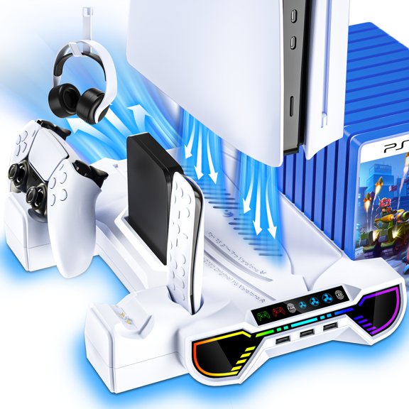 For PS5/Slim/Pro Cooling Station and Controller Charging Station with LED Stand for PlayStation 5 Console - PS5 Controller Charger, Cooling Stand Accessory Kit with Cooler Fan, Headset Holder