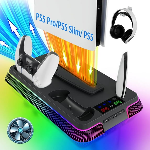 PS5/Slim/Pro Cooling Station for PlayStation 5 Console,PS5 Cooler Fan with Dual PS5 Controller Charger Incl. 3 Level Fans,Headset,USB Hubs,PS5/Slim Stand for PlayStation 5 Accessories