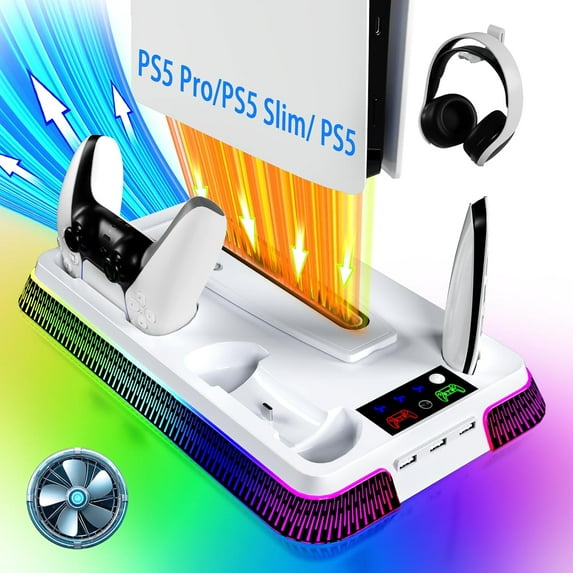 PS5/Slim/Pro Cooling Station for PlayStation 5 Console,PS5 Cooler Fan with Dual PS5 Controller Charger Incl. 3 Level Fans,Headset,USB Hubs,PS5/Slim Stand for PlayStation 5 Accessories