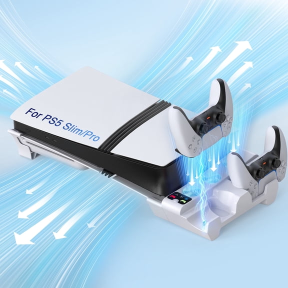 All-in-One Cooling Station for PS5 Slim/Pro with 3-Speed Fans & Dual Controller Charger | Horizontal Stand