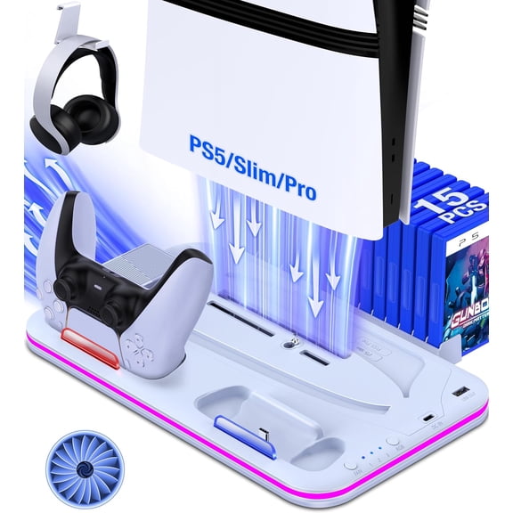 PS5/Slim/Pro Stand and Cooling Station with Controller Charging Station for PlayStation 5 Slim/Pro Console, PS5 Controller Charger, Cooling Stand, LED Light, Headset Holder for PS5 Accessories, White