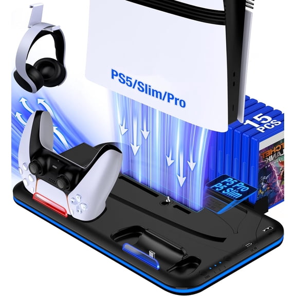 PS5/Slim/Pro Stand and Cooling Station with Controller Charging Station for PlayStation 5 Slim/Pro Console, PS5 Controller Charger, Cooling Stand, LED Light, Headset Holder for PS5 Accessories