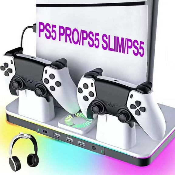 PS5/Slim/Pro Stand and Cooling Station with LED Controller Charging Station for PlayStation 5 Console, Controller Charger, Cooling Stand, PS5/Slim/Pro Accessories Kit with 2 Level Cooler Fan