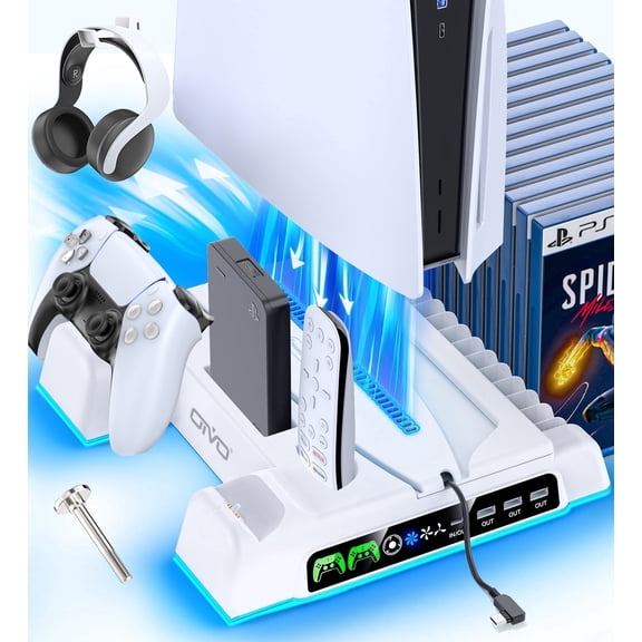 PS5/Slim/Pro Stand and Cooling Station with LED PS5 Controller Charger Station for PS5 Console, PS5/Slim/Pro Accessories Kit with 3 Level Cooler Fan Cooling Stand