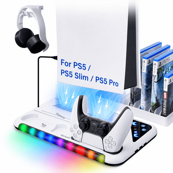 PS5/Slim/Pro Stand for Disc & Digital Console | Controller Charging Station, RGB Light & 3 Level Cooling Station , PS5 Accessories Headset Holder, Game Card Holder