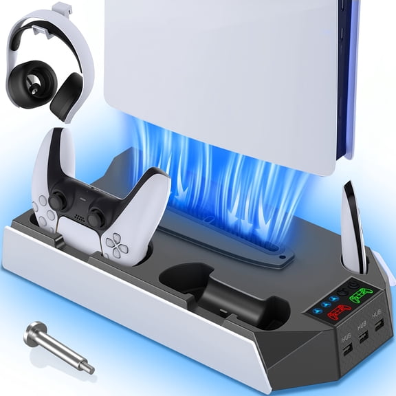 For PS5/ Slim/Pro Stand Disc & Digital Console, Cooling & Charging Station With 3-Level Fan, Controller Charger For PS5 Controller, Accessories With 3 USB Ports/Cooling Fan/Headset Holder