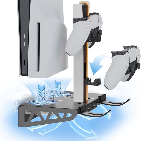 PS5/Slim/Pro Wall Mount Kit with Cooling Fan & Charging Station, Shelf Floating Mount for PS5/PS5 Slim/ PS5 Pro Disc & Digital Console, Behind TV Wall Bracket for All PS5 Versions