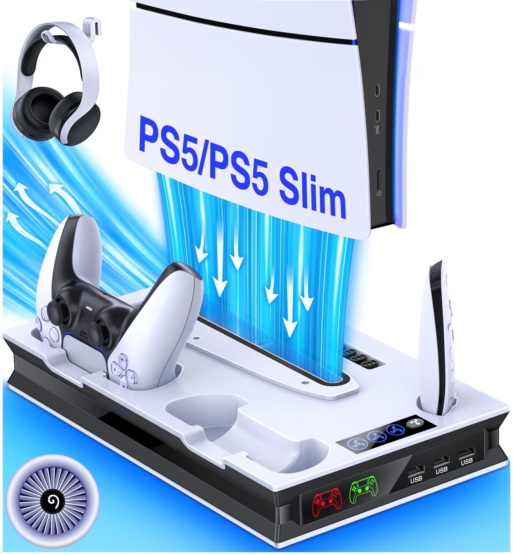 PS5 Slim Stand Cooling Station for Playsation 5 Pro/Slim Console Disc/Digital,PS5 Accessories Cooling Stand with 3-Level Cooling Fan,Dual PS5 Controller Charger,Headset Holder