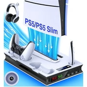 PS5 Slim Stand Cooling Station for Playsation 5 Pro/Slim Console Disc/Digital,PS5 Accessories Cooling Stand with 3-Level Cooling Fan,Dual PS5 Controller Charger,Headset Holder