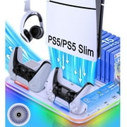 PS5 Slim Stand and Turbo Cooling Station with Controller Charging Station for Playsation 5, 3 Levels Cooling Fan, RGB Light, 15 Game Storage, Headset Holder for PS5 Digital/Disc