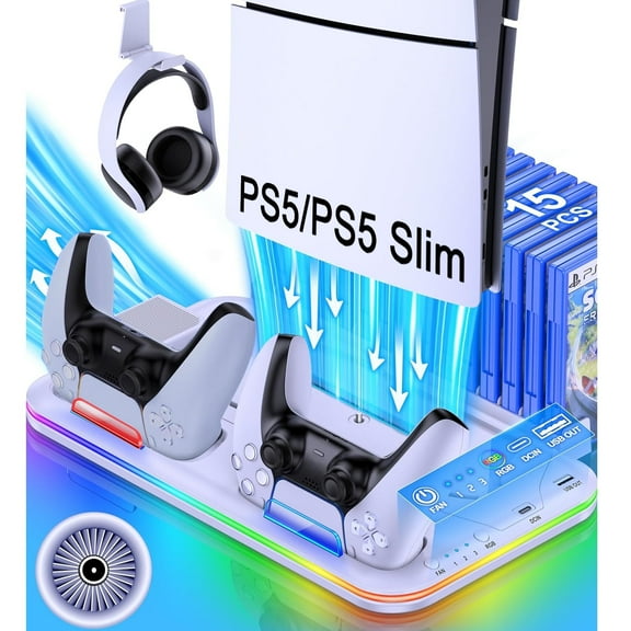 PS5 Slim Stand and Turbo Cooling Station with Controller Charging Station for Playsation 5, 3 Levels Cooling Fan, RGB Light, 15 Game Storage, Headset Holder for PS5 Digital/Disc