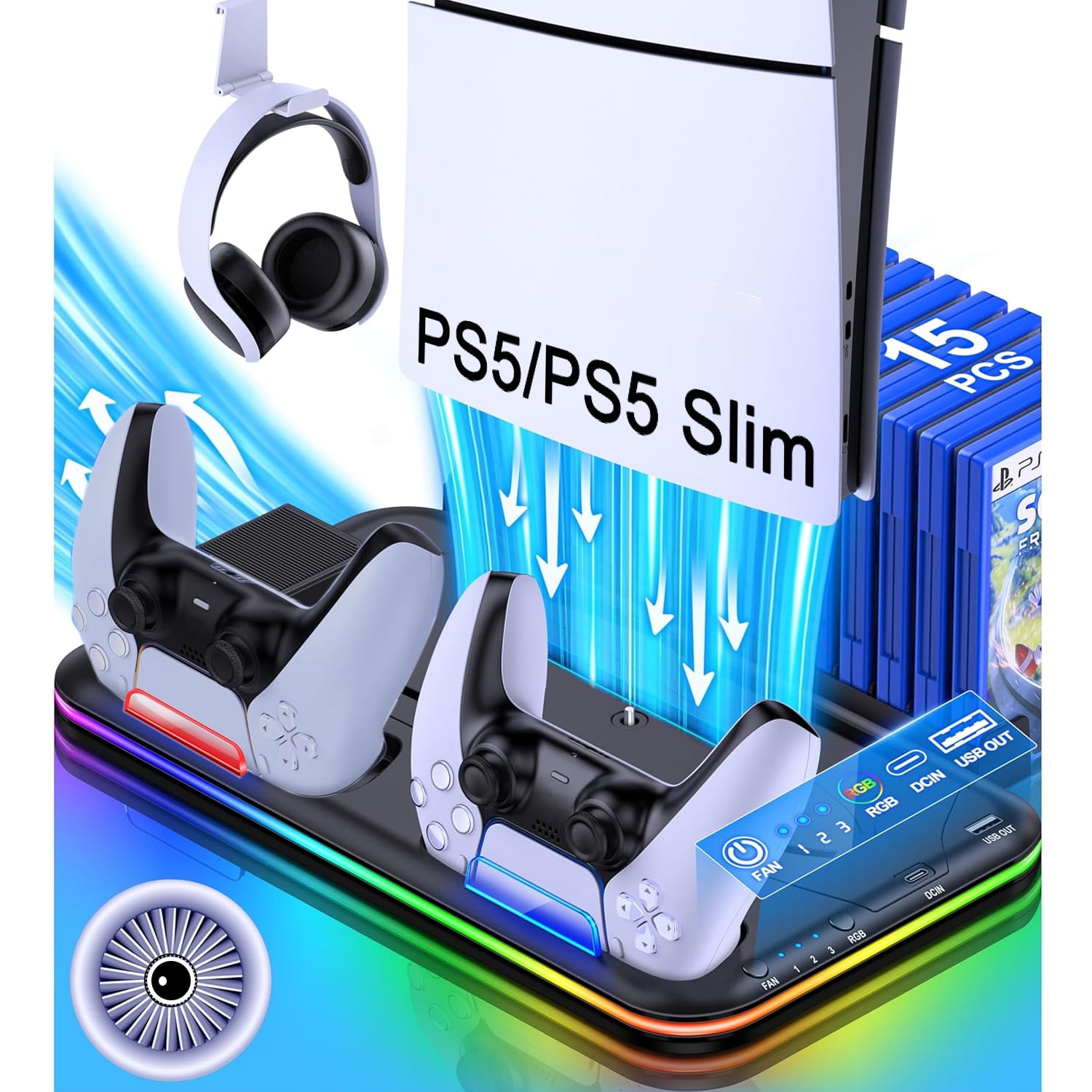 PS5 Slim Stand and Turbo Cooling Station with Controller Charging Station for Playsation 5, PS5 Accessories Incl. 3 Levels Cooling Fan, RGB Light, 15 Game Storage, Headset Holder for PS5 Digital/Disc