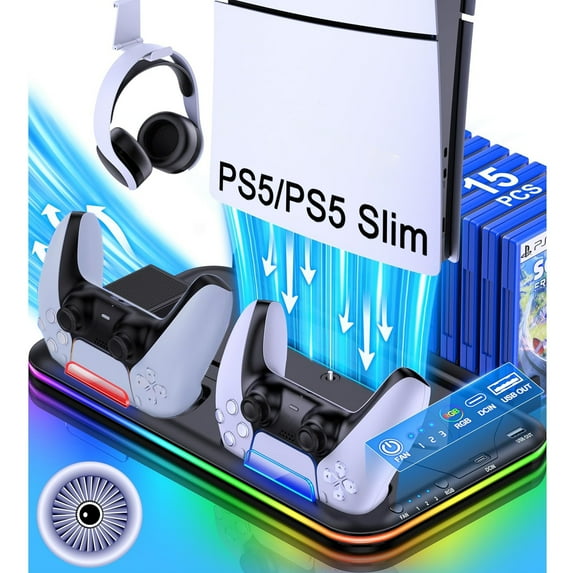 PS5 Slim Stand and Turbo Cooling Station with Controller Charging Station for Playsation 5, PS5 Accessories Incl. 3 Levels Cooling Fan, RGB Light, 15 Game Storage, Headset Holder for PS5 Digital/Disc