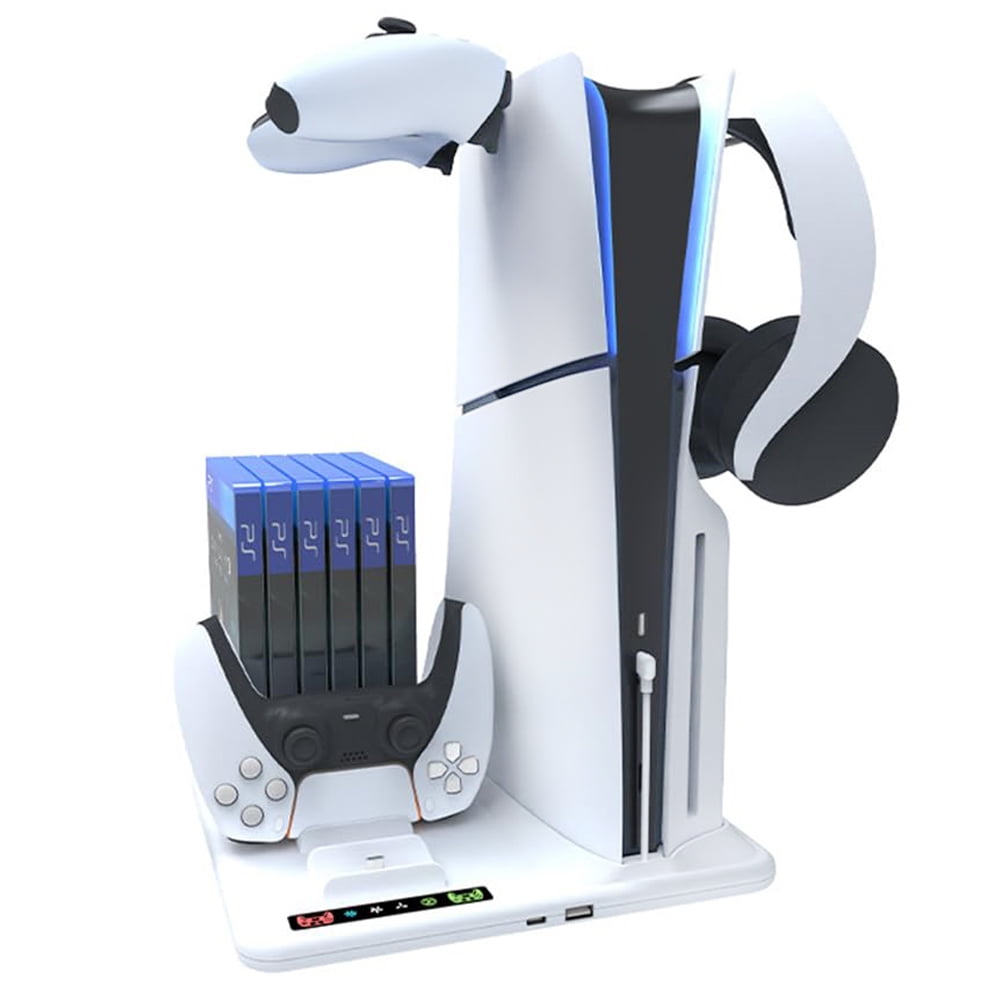 PS5 Slim Stand and Turbo Cooling Station with Controller Charging Station for Playsation 5, PS5 Accessories Kits, with 2 Controller Chargers, 3 Levels Fan, 6 Game Disc Slots, Headset Holder