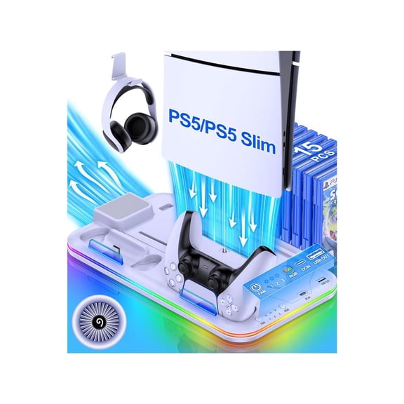 PS5 Slim Stand and Turbo Cooling Station with Controller Charging Station for Playsation 5, PS5 Accessories Kits with Cooling Fan, RGB LED, 15 Game Slot, Headset Holder for PS5 Digital/Disc