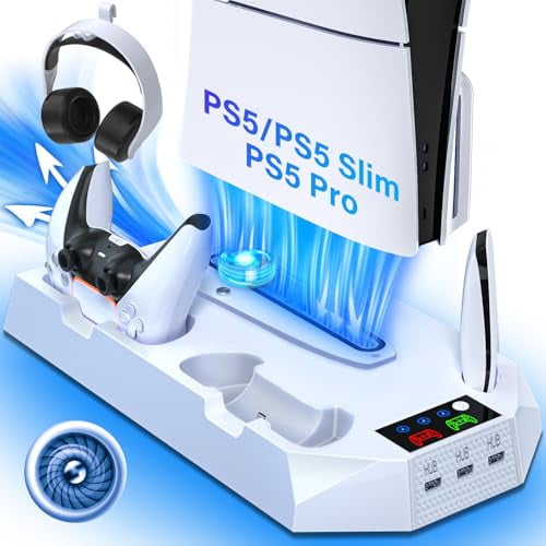 PS5 Slim Stand with Cooling Station - Dual PS5 Controller Charger,3 Levels Cooling Fan,3 USB Hubs,Headset Holder