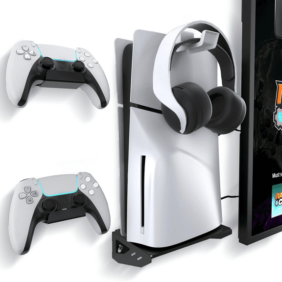 Wall Mount Kit for PS5 Slim Disc and Digital Edition with Controller Holders and Headphone Hook-Black