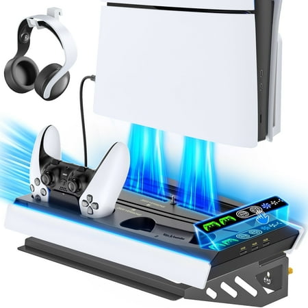 PS5 Slim Wall Mount Kit with Cooling Fan Station for Playstation 5/Slim Console, Kytok PS5 Controller Charger for Dualsense & Edge Controller