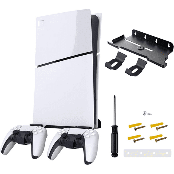 Metal Material Wall Mount for PS5 Slim Console with 2 Removable Game Controllers Holders-Black