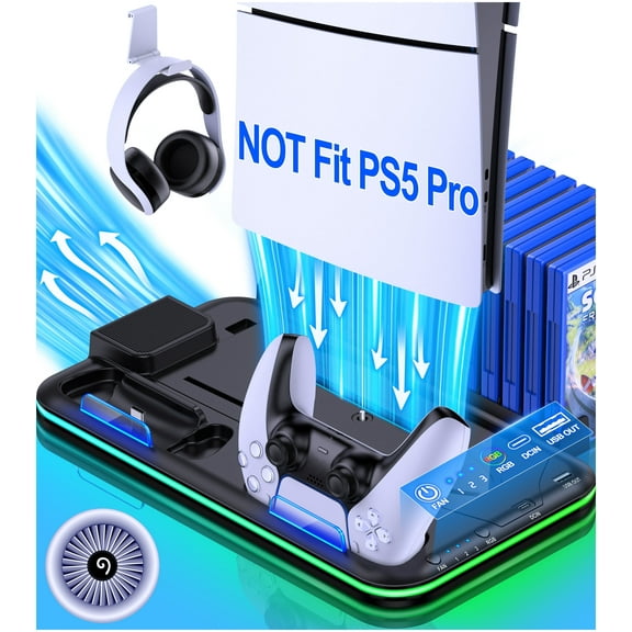 Beboncool PS5 Cooling Fan and Controller Charging Station for 2023 PS5 Silm/PS5 Digital/Disc Edition,Black