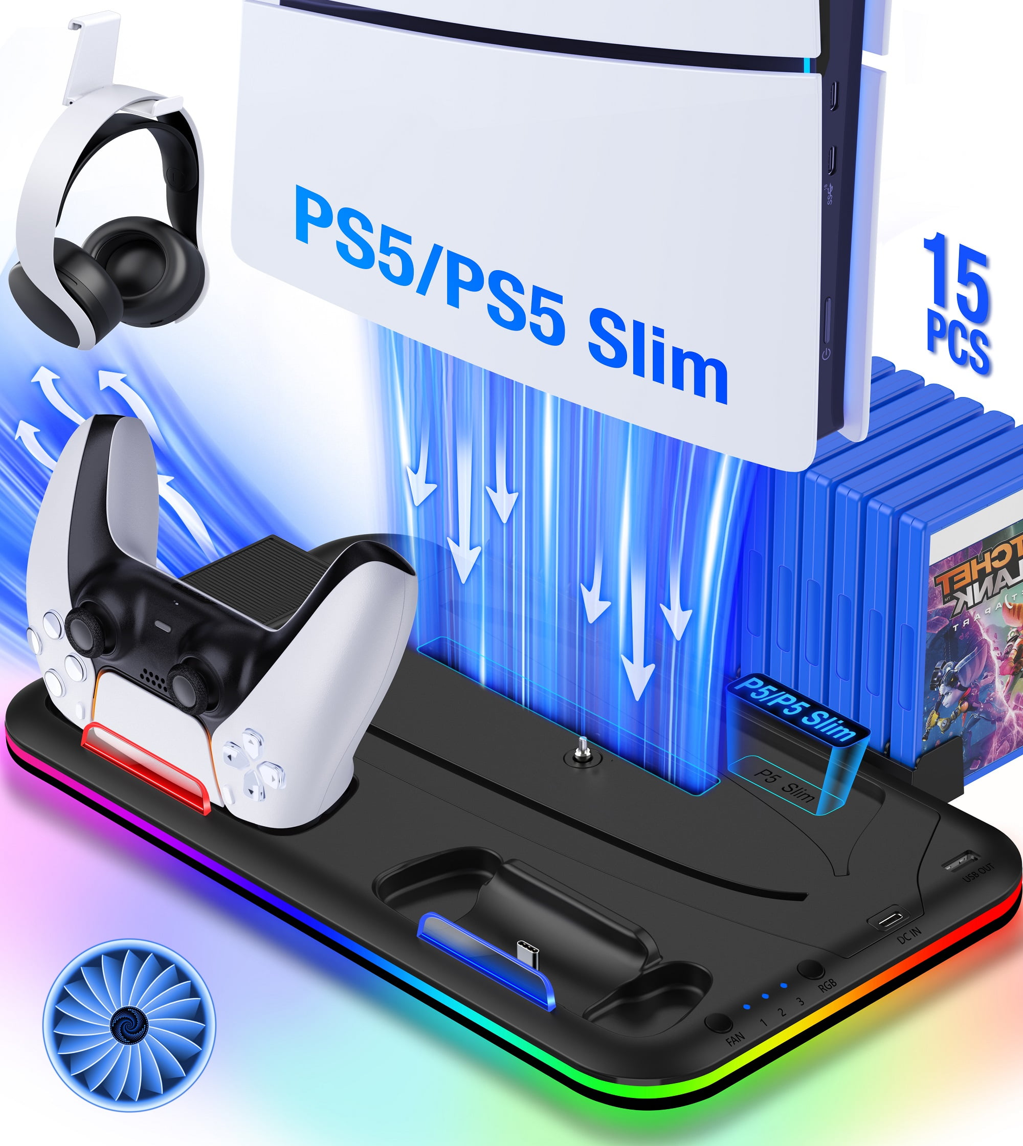  PS5 Stand and Cooling Station with RGB LED Controller Charging  Station for Playstation 5 Console, 2H Fast PS5 Controller Charger, PS5  Accessories with Cooling Fan, Headset Hook (Not Fit 2023 PS5