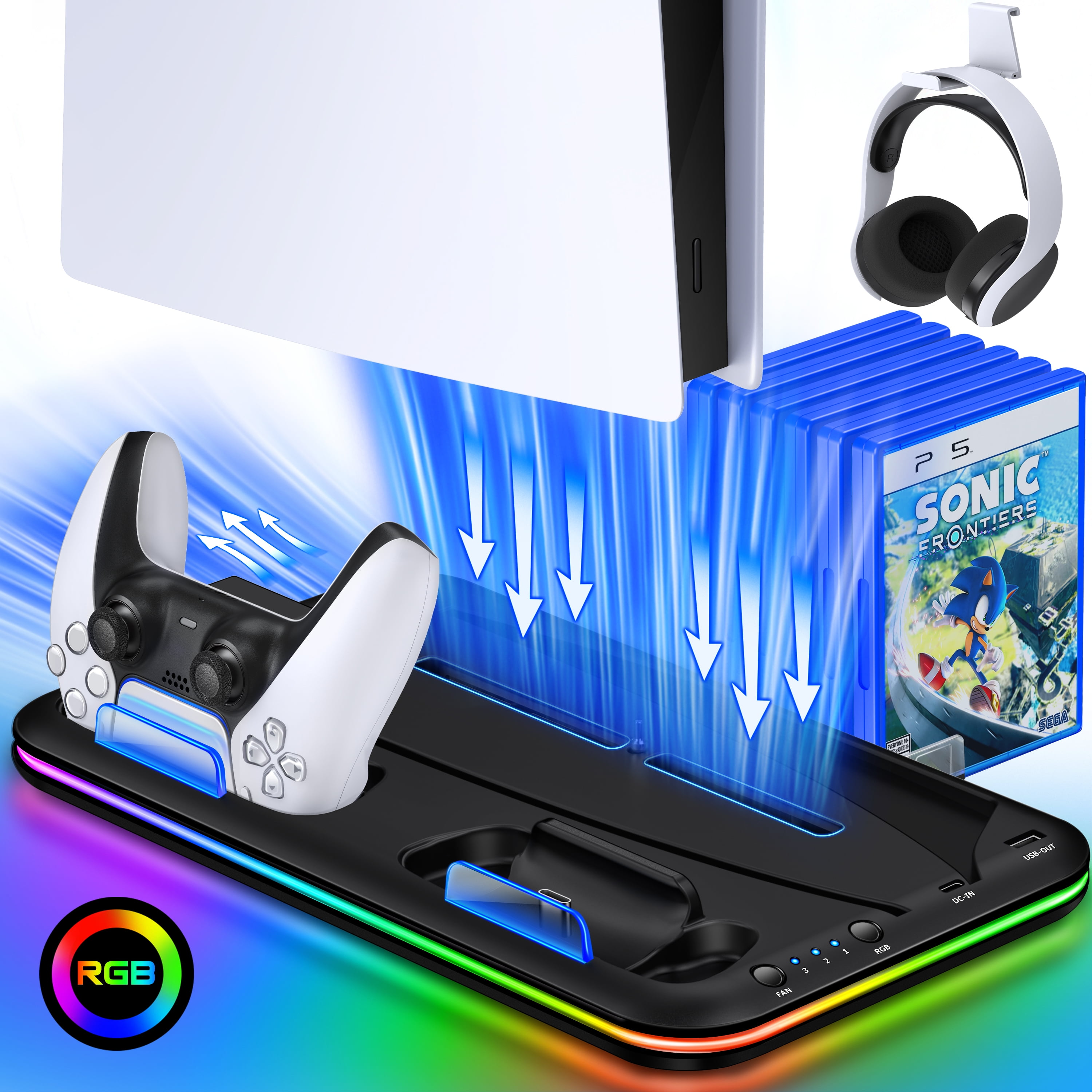 PS5 Stand and Cooling Station with Controller Charging Station for PS5  Slim, PS5 Accessories Incl. 3 Levels Cooling Fan, RGB Light, 15 Game  Storage