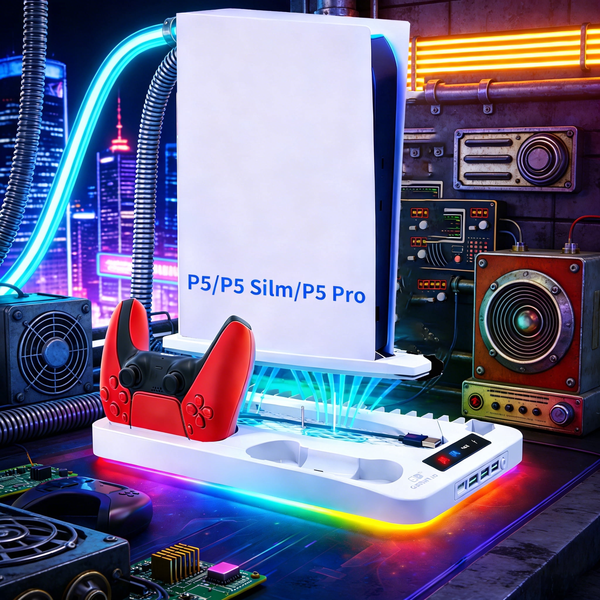 GAMINJA PS5 Cooling Stand with Dual PS5 Controller Charger Dock, PS5 Accessories PS5 Cooling Station for PlayStation 5 Disc/PS5 Digital/PS5 Slim Disc/PS5 Slim Digital/PS5 Pro Disc/PS5 Pro Digital