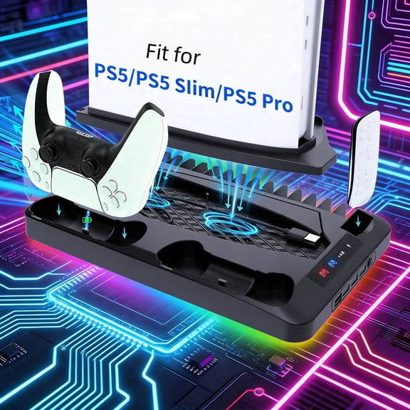 PS5 Stand Cooling Fan, PS5 Accessories with Dual PS5 Controller Charger Dock,Cooling Station for PS5 Slim/Pro/Digital/Ultra,PS5 Cooling Stand For PlayStation 5,3 Level Fan, RGB Light,16 Game Slots