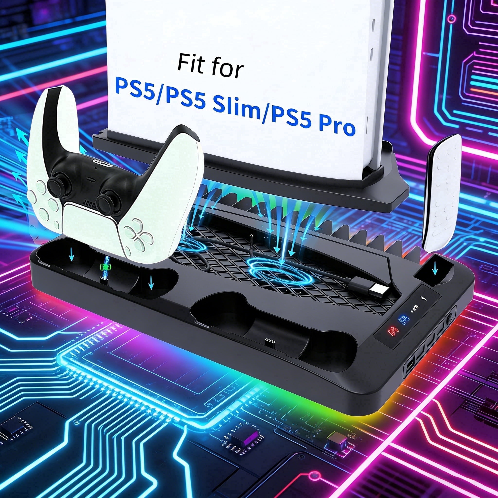 PS5 Stand Cooling Fan, PS5 Accessories with Dual PS5 Controller Charger Dock,Cooling Station for PS5 Slim/Pro/Digital/Ultra,PS5 Cooling Stand For PlayStation 5,3 Level Fan, RGB Light,16 Game Slots