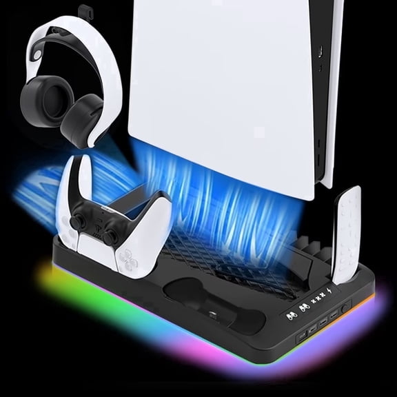 PS5 Stand Cooling Fan, PS5 Accessories with Dual PS5 Controller Charger Dock,Cooling Station for PS5 Slim/Pro/Digital/Ultra,PS5 Cooling Stand For PlayStation 5,3 Level Fan, RGB Light,16 Game Slots
