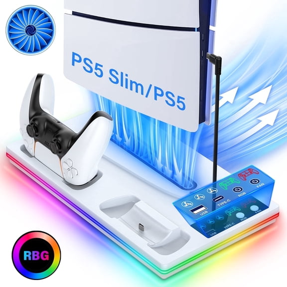 PS5 Stand Cooling Fan with PS5 Controller Charger for PlayStation 5 Slim,Disc & Digital ZRZLMVP PS5 Accessories with PS5 Cooling Station,3 Levels Adjustable Fans Speed -White