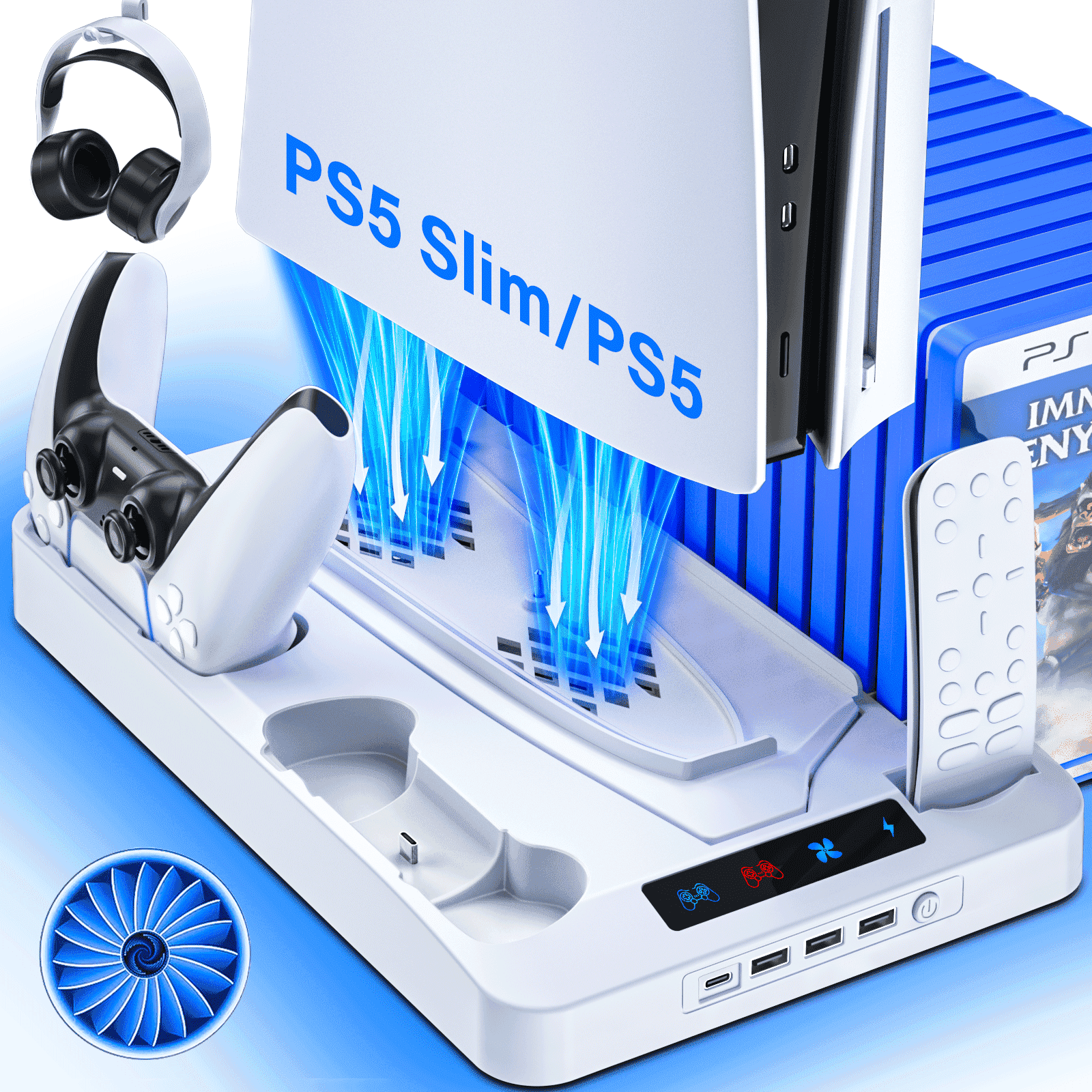 PS5 Stand with Cooling Fan,PS5/PS5 Slim Stand and Cooling Station with Dual Controller Charging Station for PlayStation 5 Console,Controller Charger, Cooling Fan, Headset Holder, 3 USB Hub, White