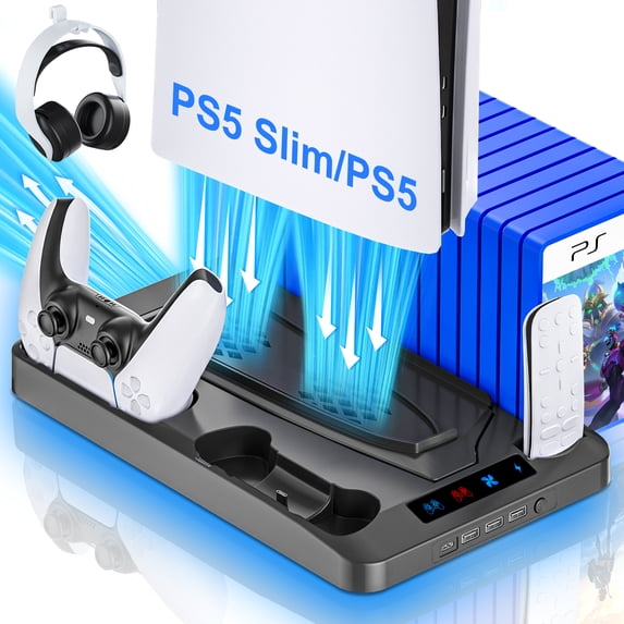 PS5 Stand with Cooling Fan,PS5/PS5 Slim Stand and Cooling Station with Dual Controller Charging Station for PlayStation 5 Console,Controller Charger, Cooling Fan, Headset Holder, 3 USB Hub, Black