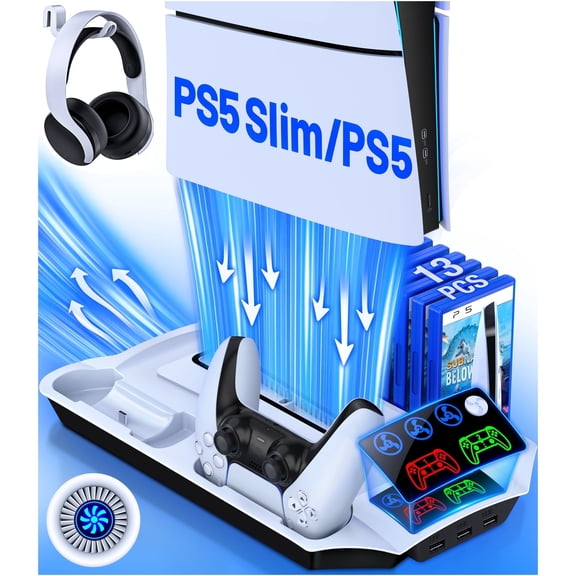PS5 Stand with Cooling Fan for PS5 Slim, ESYWEN PS5 Cooling Station with PS5 Controller Charger, PS5 Accessories for Playstation 5 Console & Dualsense with 13 Game Slots, Headset Holder, Remote Slot