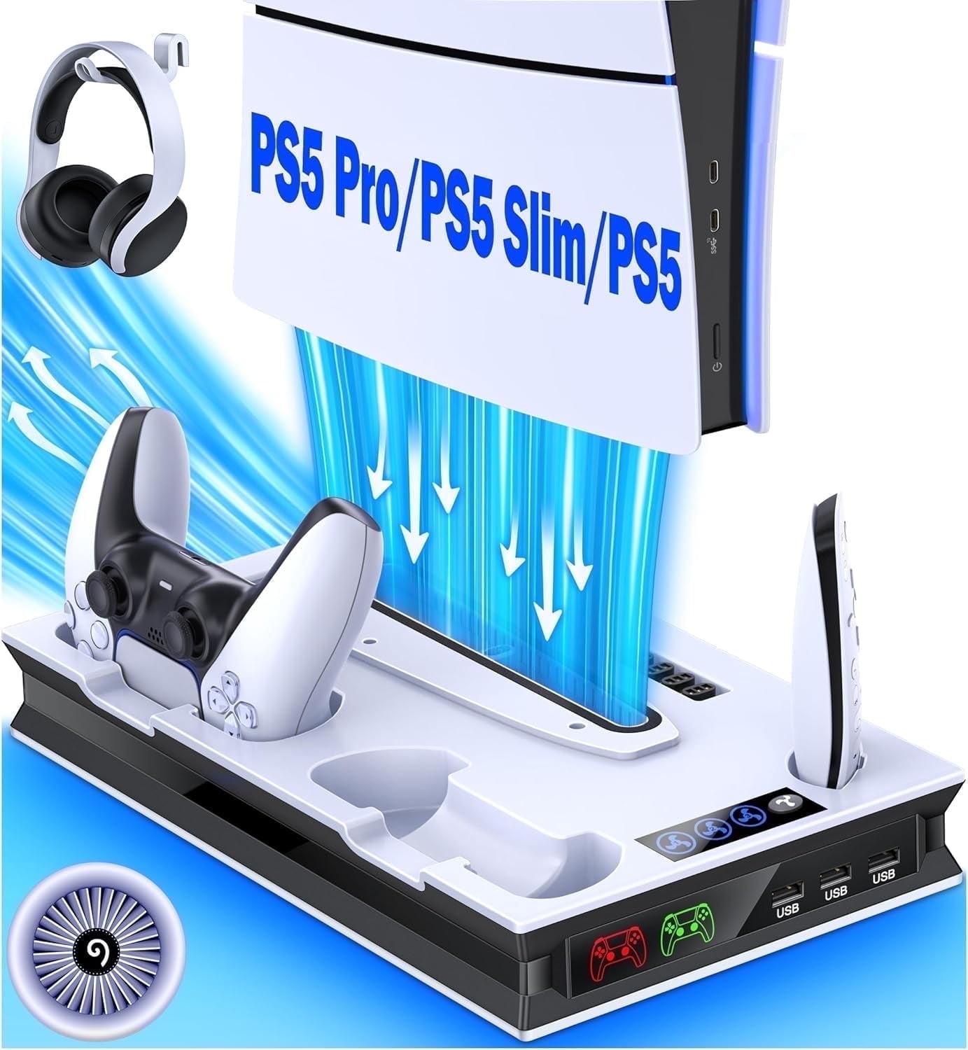 PS5 Stand Cooling Fan for PS5 Slim PS5 Pro with Dual PS5 Controller Charger,ESYWEN PS5 Accessories,PS5 Cooling Station for PlayStation 5 Disc & Digital Editions & PlayStation 5 Accessories-White