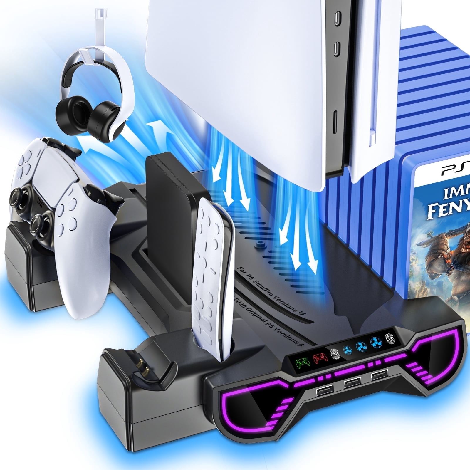 PS5 Stand with Cooling Fan, ZRZLMVP PS5 Cooling Station with Dual Controller Charging Station,PS5 Accessories for PS5 Standard Edition & Slim Edition & Pro Edition consoles - Black