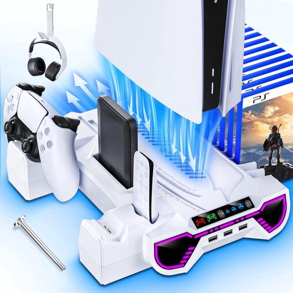 PS5 Stand with Cooling Fan, PS5 Cooling Station with Dual Controller Charging Station,PS5 Accessories for PS5 Standard Edition & Slim Edition & Pro Edition consoles - 3 Levels Fan & 3 USB Hubs,White