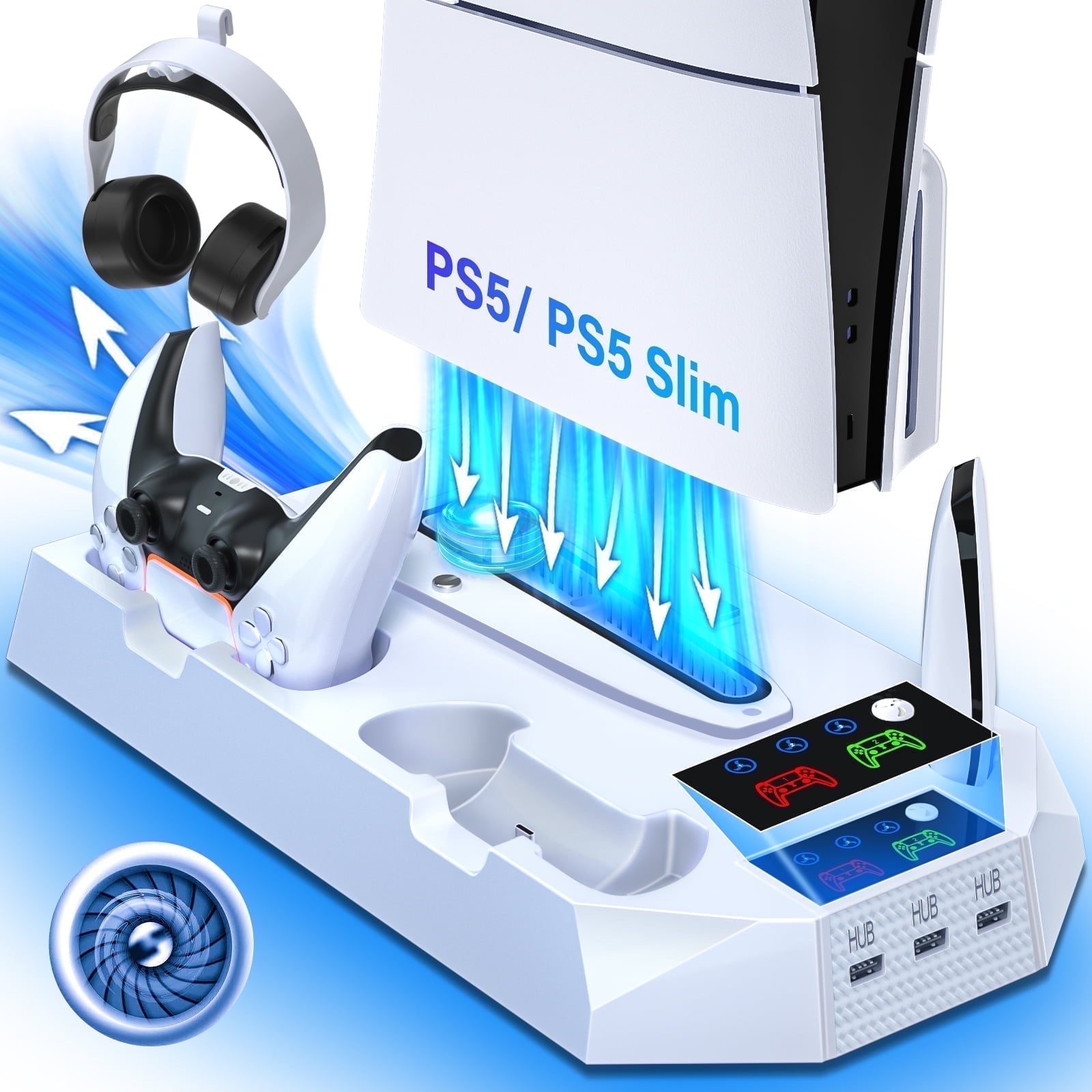 PS5 Stand with Cooling Fan, ZRZLMVP PS5 Cooling Station with Dual Controller Charging Station for PS5 Pro/Slim/Standard Disc/Digital Console - 3 Levels Adjustable Fan/3 USB Hubs，White