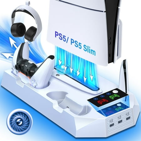 PS5 Stand with Cooling Fan, ZRZLMVP PS5 Cooling Station with Dual Controller Charging Station for PS5 Pro/Slim/Standard Disc/Digital Console - 3 Levels Adjustable Fan/3 USB Hubs,White