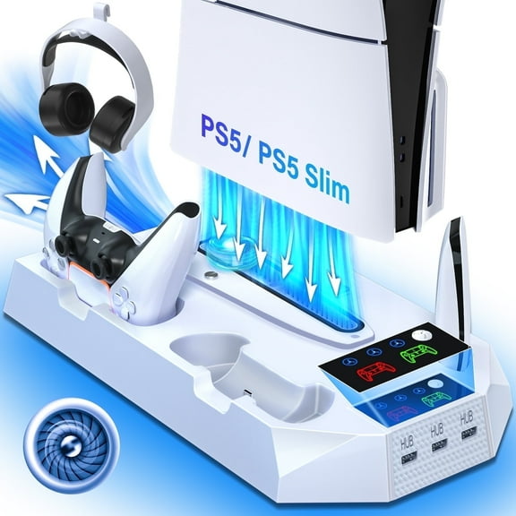 PS5 Stand with Cooling Fan, ZRZLMVP PS5 Cooling Station with Dual Controller Charging Station for PS5 Pro/Slim/Standard Disc/Digital Console - 3 Levels Adjustable Fan/3 USB Hubs,White