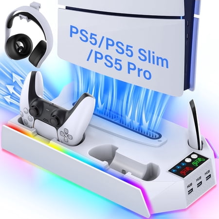 PS5 Stand with Cooling Fan,ZRZLMVP PS5 Cooling Station with Dual Controller Charging Station for PS5 Slim/Pro/Standard,3H Fast Charging/3 Speed Airflow/3 USB Ports/3 Lights-White