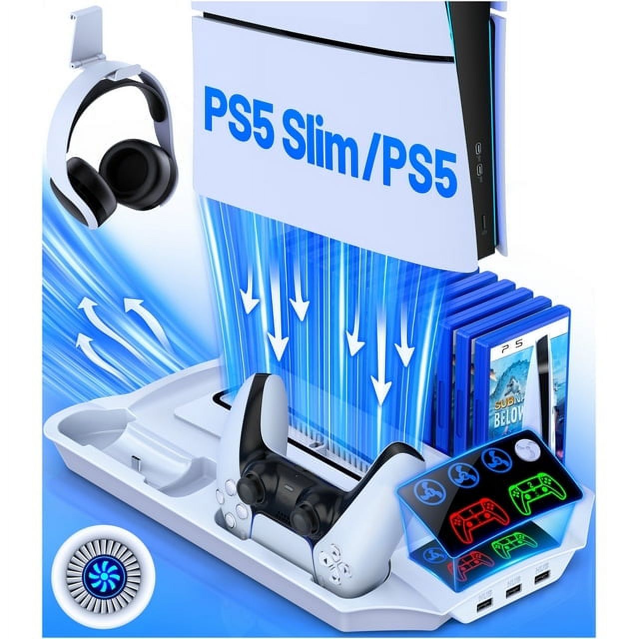 PS5 Stand for PS5 Slim PS5 Pro with PS5 Controller Charger Dock, QQV PS5 Accessories with PS5 Cooling Station for PS5 Slim/Disc/Digital,PlayStation 5 Accessories-White