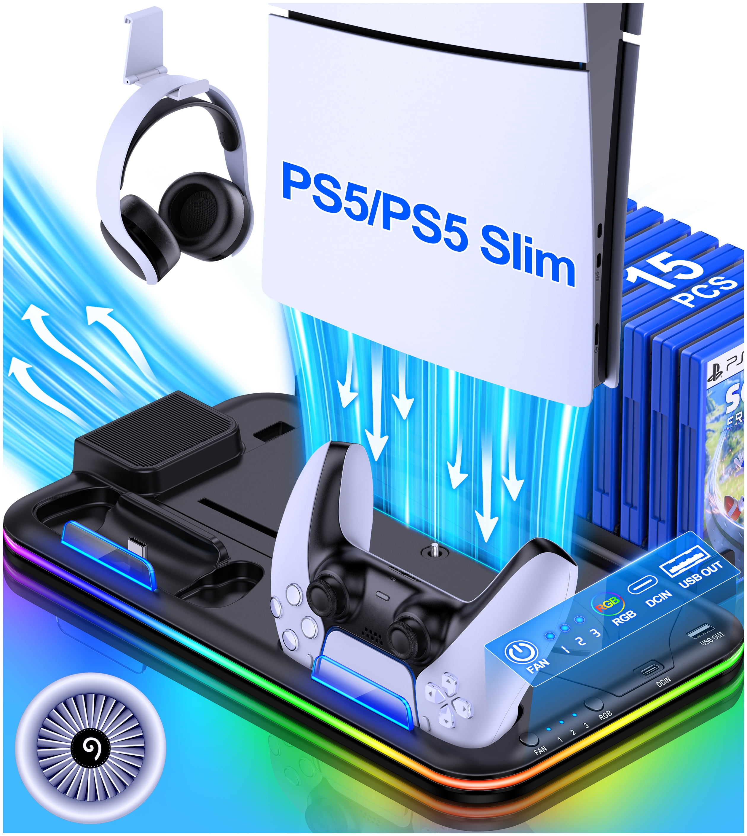 PS5 Stand Cooling Fan for 2023 PS5 Slim, DinoFire PS5 Accessories with Dual  Controller Charging Station for PS5 digital & disc verdion with 3-Speeds  Adjustable Fan,Headset Holder,RGB Lights-White 