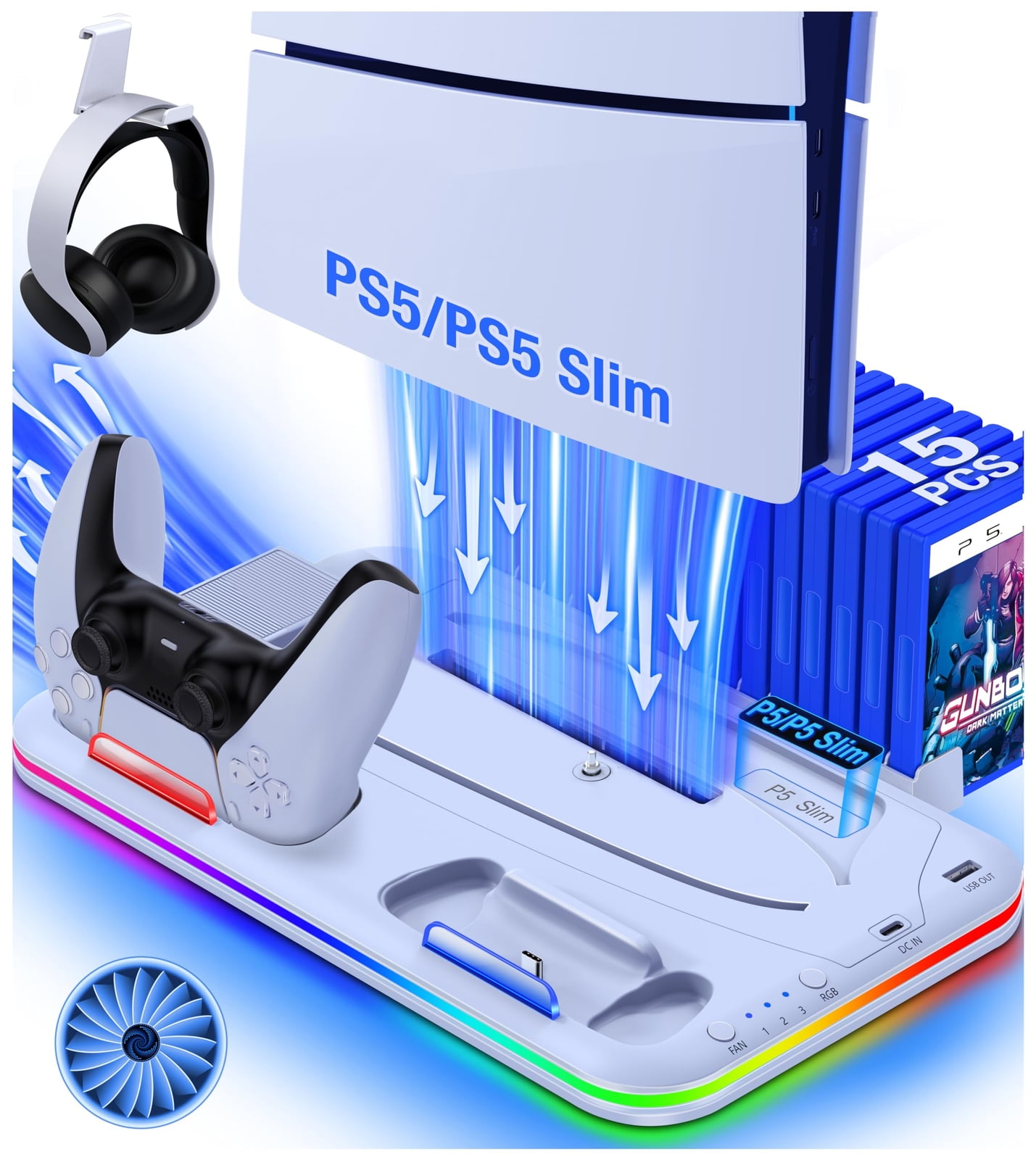 PS5 Stand and Cooling Station with Controller Charging Station for P5 Slim, PS5 Accessories Incl. 3 Levels Cooling Fan, 15 Game Storage, Headset Holder for Playsation 5 Digital/Disc, White